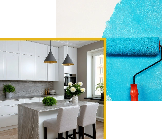 Lichte designkeuken met raam, witte keukeninrichting en bar.